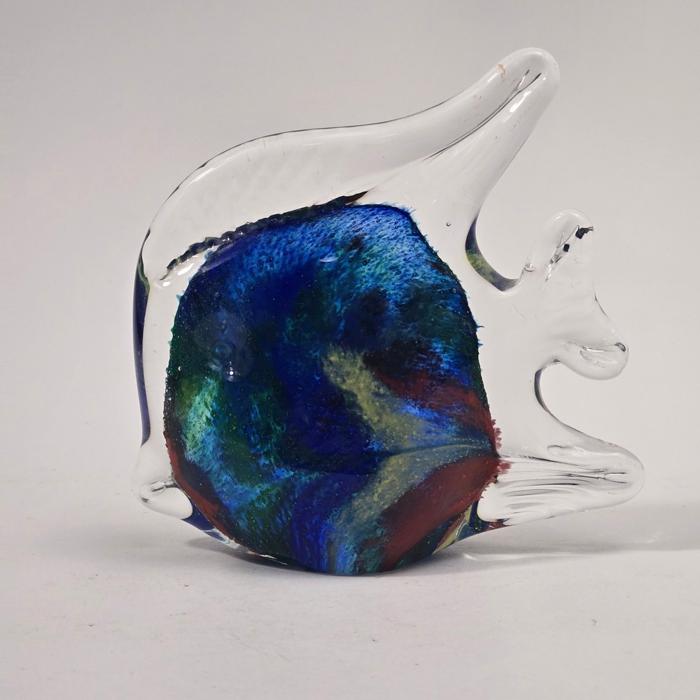 Hand Blown Art Glass Fish Figurine Blue Green Red Swirl Paperweight 4.25"